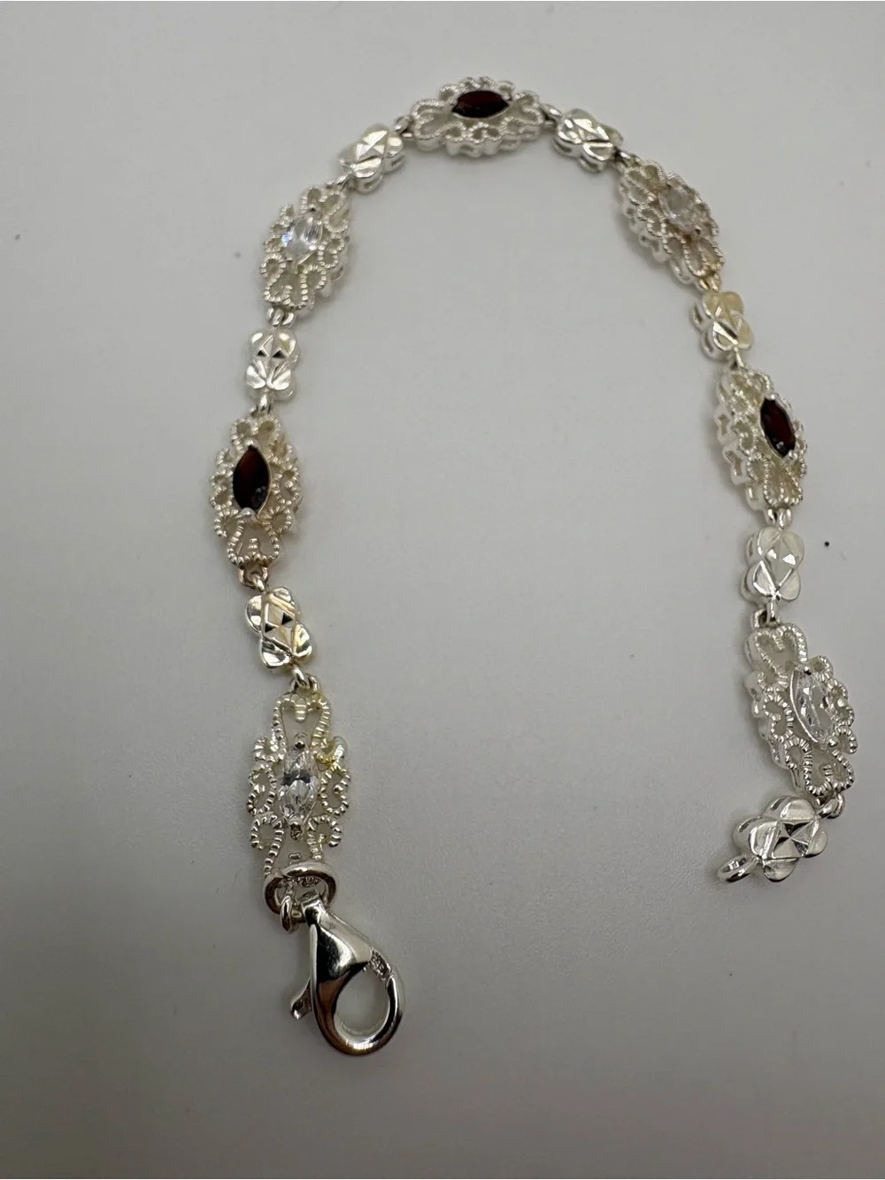 S925 Sterling Silver Filigree Link Bracelet CZ Tourmaline Tested 7” 9g